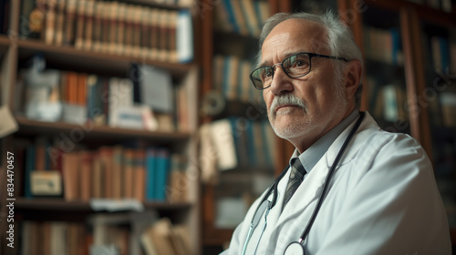 In a thoughtful pose, a mature doctor with eyeglasses stands against a backdrop of medical books and certificates. The doctor's reflective demeanor and composed expression 