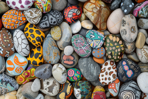 A dense collection of small rocks painted with various designs and colors, filling the entire frame. The rocks display patterns, animals, and abstract art, creating a whimsical and creative background © grey
