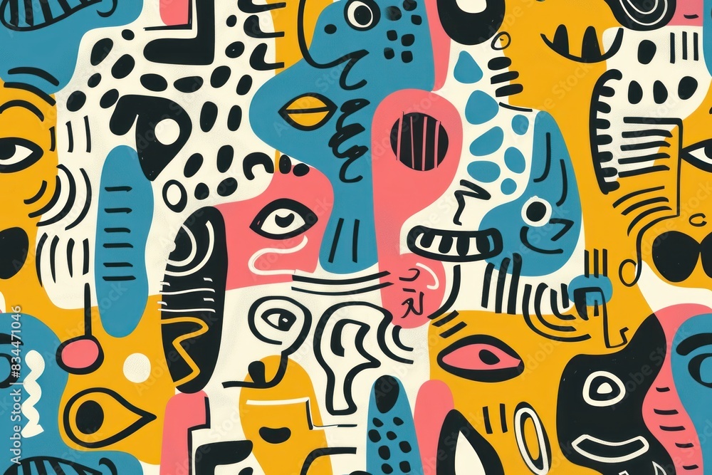 Fun Cartoon Pattern with Playful and Exaggerated Elements in Vibrant Colors