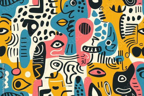 Fun Cartoon Pattern with Playful and Exaggerated Elements in Vibrant Colors