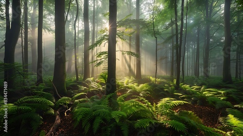 Natural forest beech trees sunbeams morning fog ferns covering floor photo