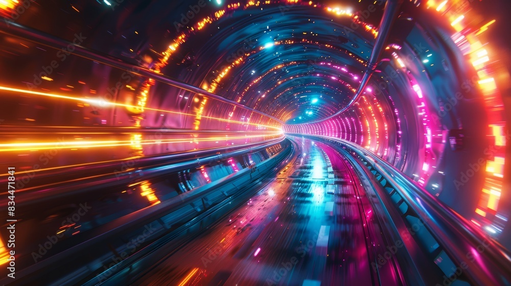 Obraz premium Vivid, futuristic tunnel with colorful neon lights, creating a dynamic and high-energy atmosphere, showcasing modern transportation innovation.