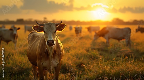 Nellore cattle grazing in the field at sunset mato grosso do sul photo