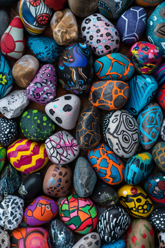 A dense collection of small rocks painted with various designs and colors, filling the entire frame. The rocks display patterns, animals, and abstract art, creating a whimsical and creative background © grey