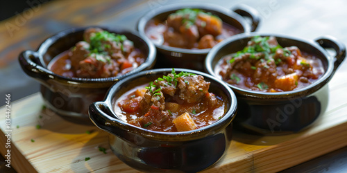  a plate of food with potatoes and meat, likely a stew, served in small bowls.