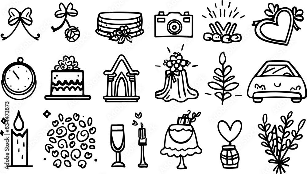 Set of wedding icons, line art vector illustration with white background Set of wedding icons, line art vector illustration with white background