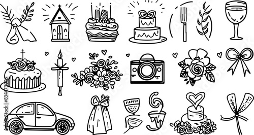 Set of wedding icons, line art vector illustration with white background