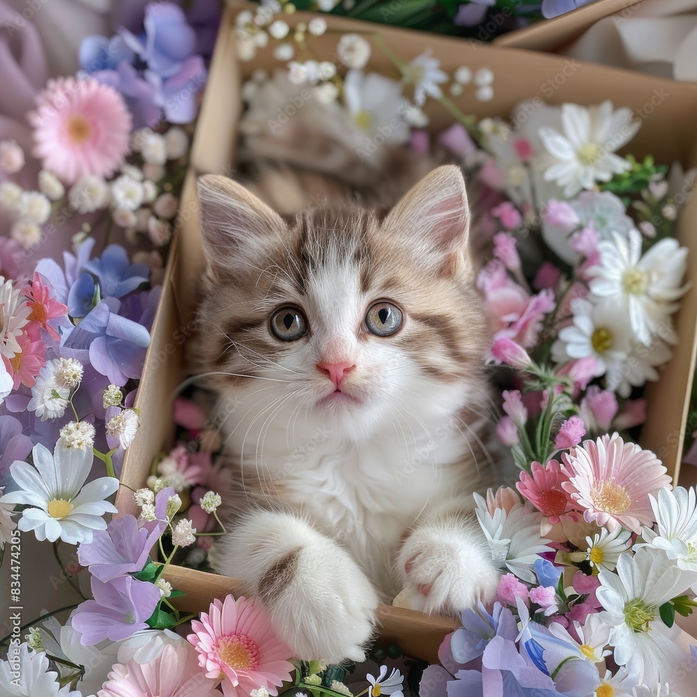 A small cute cat in a flowers gift box A small cute cat in a flowers gift box