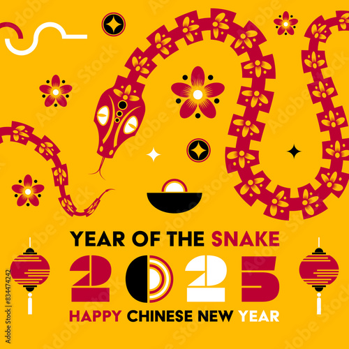 Happy Chinese new year 2025 Snake Zodiac sign  modern flat art design