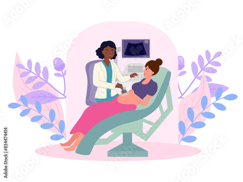 The doctor performs an ultrasound on a pregnant woman.