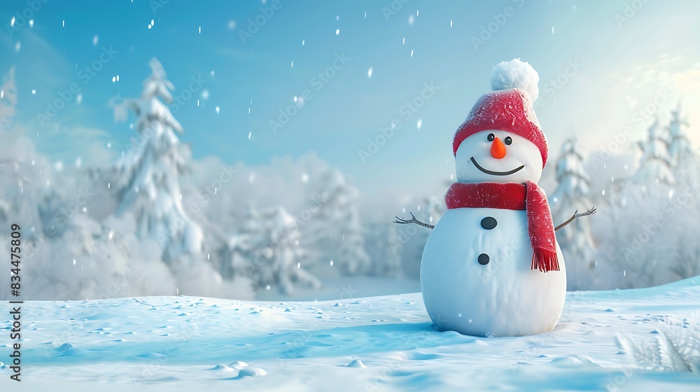 Obraz premium Panoramic view of happy snowman in winter secenery with copy space