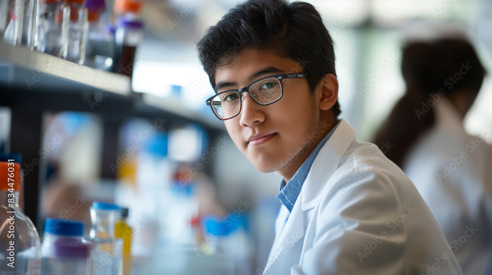 Scientist seated wearing lab coat and glasses Scientist seated wearing lab coat and glasses
