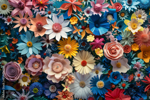 A dense arrangement of paper flowers in various colors and designs  filling the entire frame. The flowers display intricate details and vibrant hues  creating a beautiful and artistic background. 