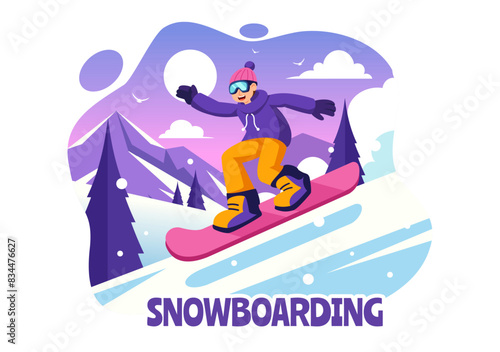 Snowboarding Vector Illustration Featuring People Sliding and Jumping on a Snowy Mountain Slope During Winter, Flat Style Cartoon Background