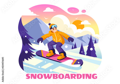 Snowboarding Vector Illustration Featuring People Sliding and Jumping on a Snowy Mountain Slope During Winter  Flat Style Cartoon Background