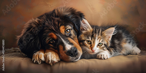 a dog and a cat lying on a couch  looking at the camera with an expression of contentment.