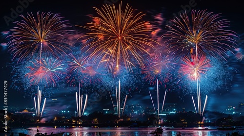 A dazzling display of multicolored fireworks lighting up the night sky. - Event decoration background © Sang
