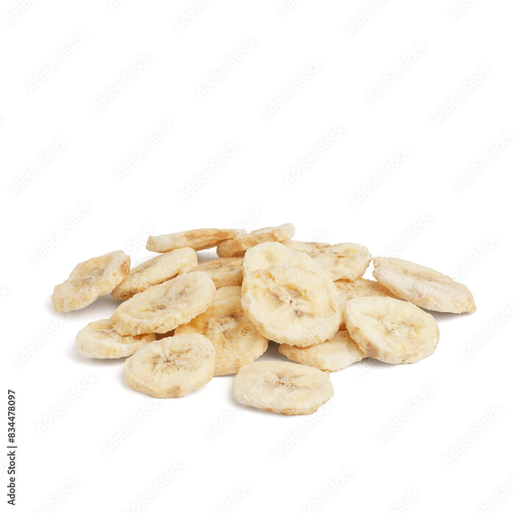 Dried banana slices on white background Dried banana slices on white background