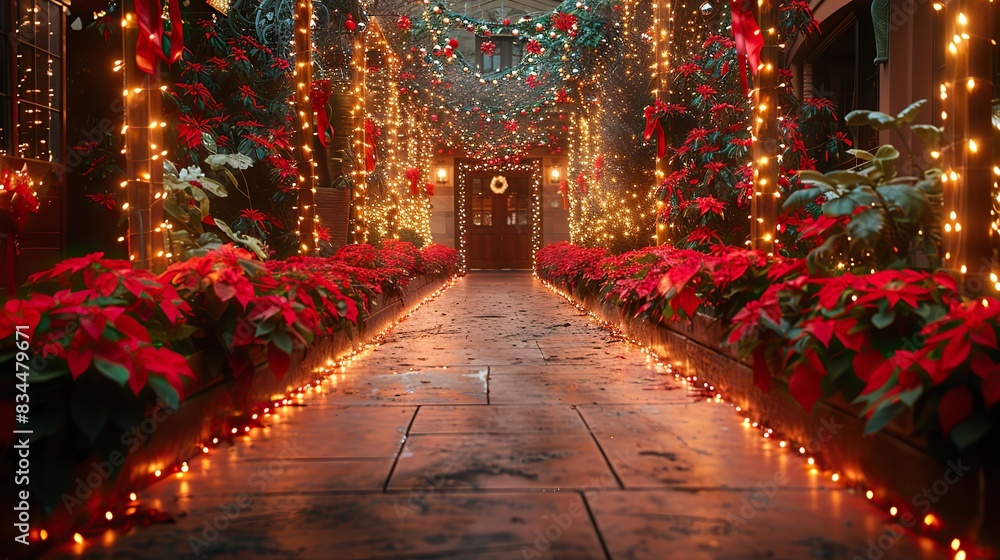 A festive backdrop with shimmering lights and garlands. - Event decoration background A festive backdrop with shimmering lights and garlands. - Event decoration background