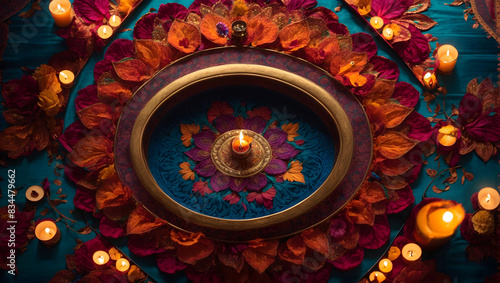 Diwali background design with diya lamp featuring a kaleidoscope of colors and patterns