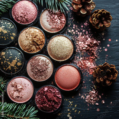 The 3D interactive makeup kit is formed by pink and gold light. In the background in black color. Stylish in the style of light painting.