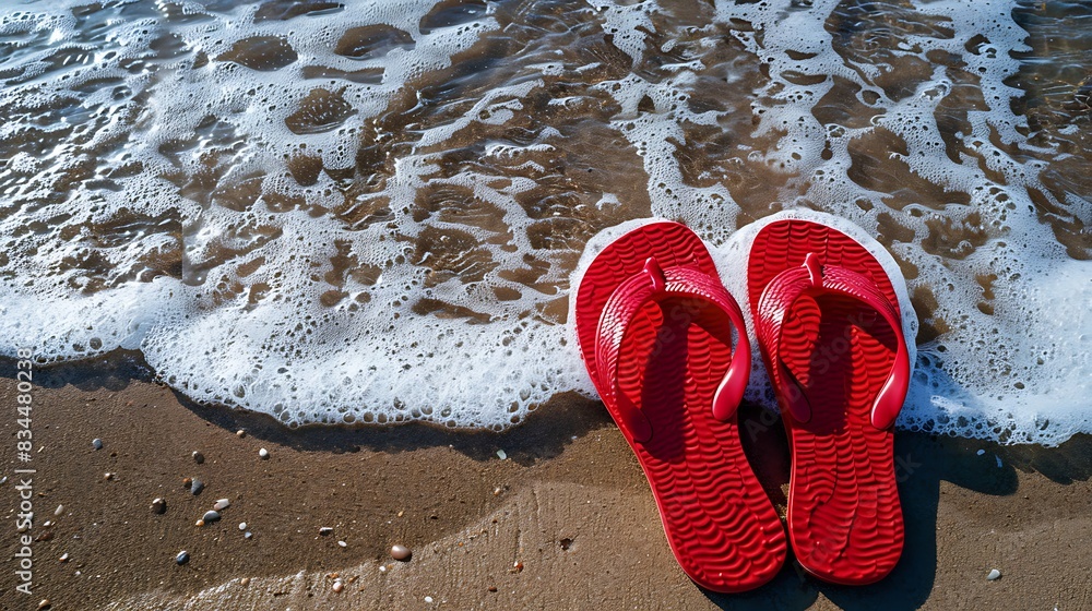 Naklejka premium Red flip flops in heart shapes on the beach