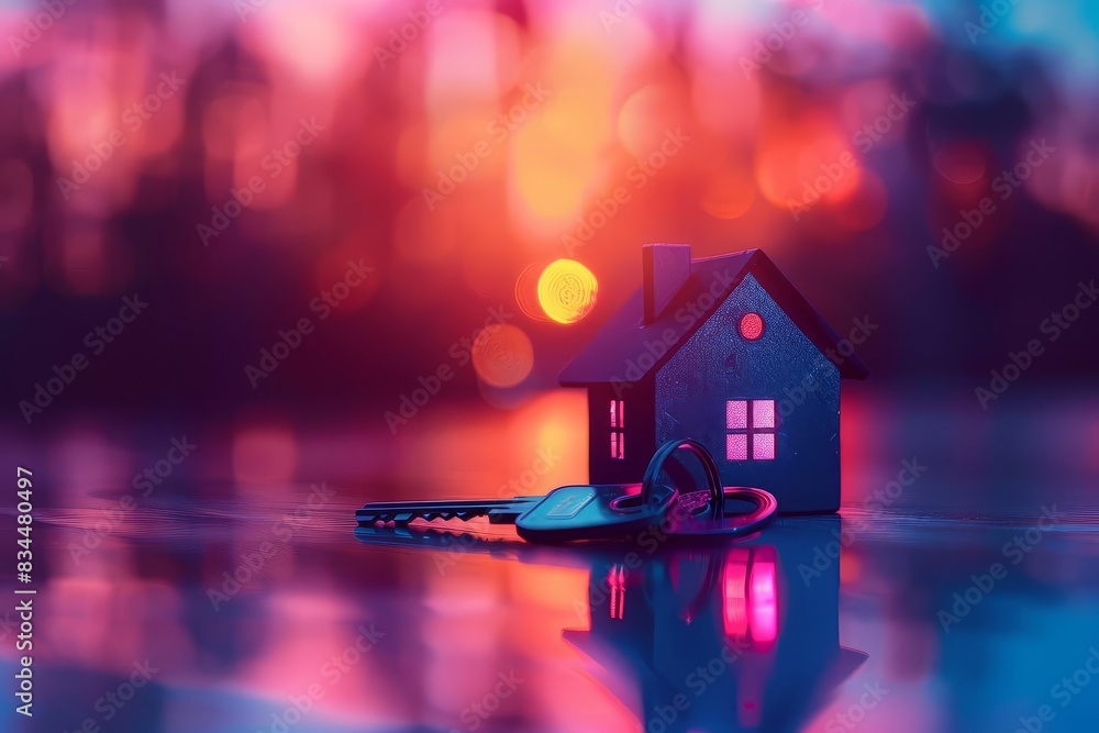 A small house keychain with keys on a reflective surface, illuminated by vibrant, dreamy sunset bokeh background. Real estate concept. A small house keychain with keys on a reflective surface, illuminated by vibrant, dreamy sunset bokeh background. Real estate concept.