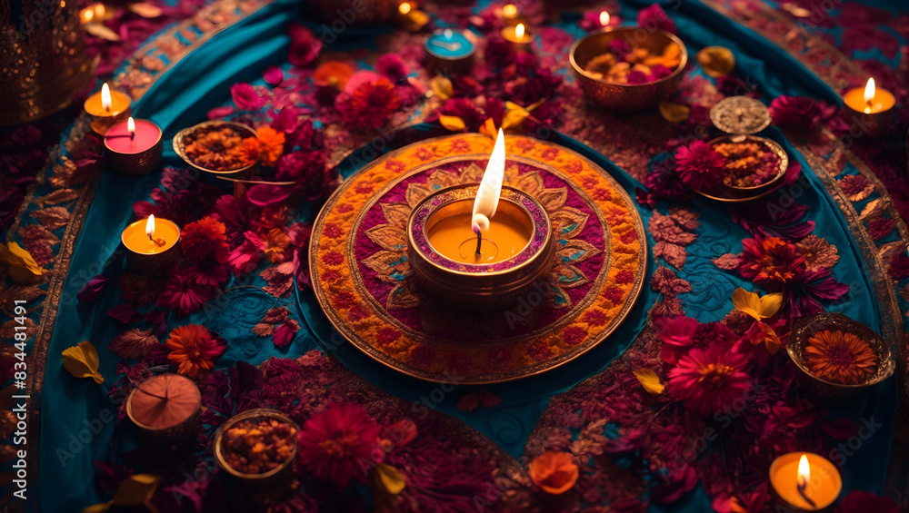 Diwali background design with diya lamp featuring a kaleidoscope of colors and patterns Diwali background design with diya lamp featuring a kaleidoscope of colors and patterns