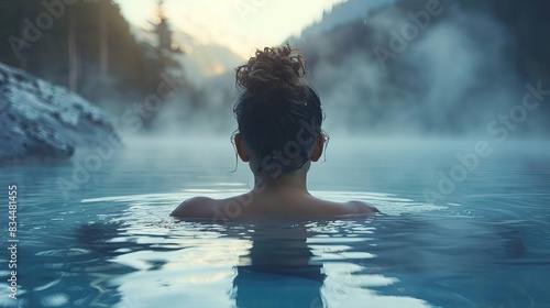 Serene image of a person relaxing in a hot spring, surrounded by mist and mountains at dawn. Ideal for themes of relaxation and nature.