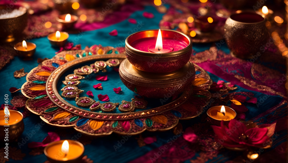 Diwali background design with diya lamp featuring a kaleidoscope of colors and patterns Diwali background design with diya lamp featuring a kaleidoscope of colors and patterns