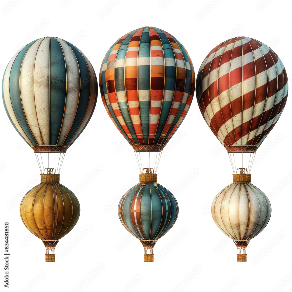 Fototapeta premium Premium air balloon set on transparent background with colorful balloons, white wall backdrop.