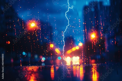 Vibrant night cityscape featuring a powerful lightning bolt and rain-drenched streets illuminated by colorful street lights.