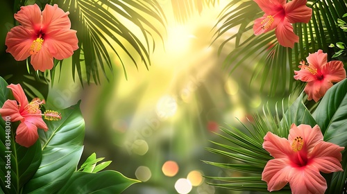 Tropical celebration background with palm leaves, exotic flowers, and a central banner space