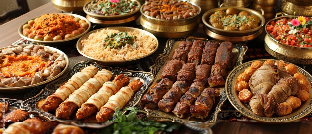 The Eid Al-Adha feast features diverse dishes, colorful presentation, a festive atmosphere, cultural significance, and a family gathering around the dining table