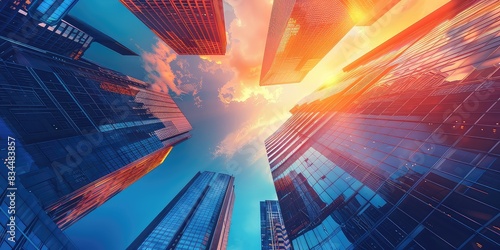 Reflective skyscrapers, business office buildings.