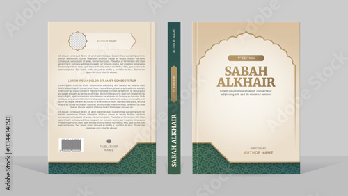 Islamic Book Cover Template Design with Arabesque Arabic Pattern and Design Elements	