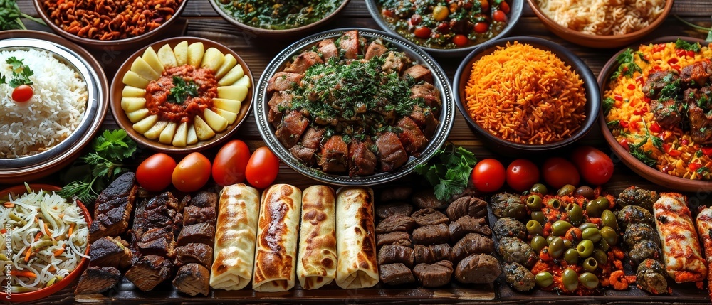 Fototapeta premium At the Eid Al-Adha feast, enjoy diverse dishes, colorful presentation, a festive atmosphere, cultural significance, and family gathering around the dining table