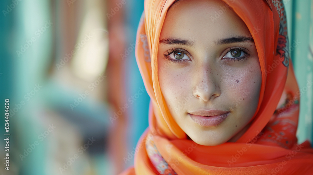 The young womans hijab was a vibrant green The young womans hijab was a vibrant green