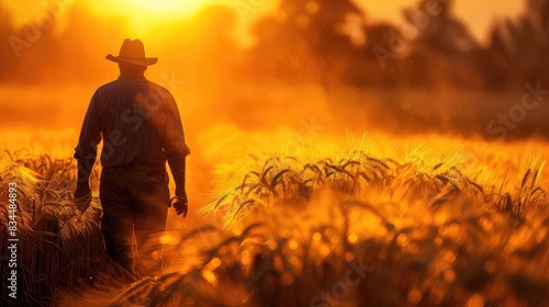 photo of a Farm worker harvesting wheat in the golden sunset 
