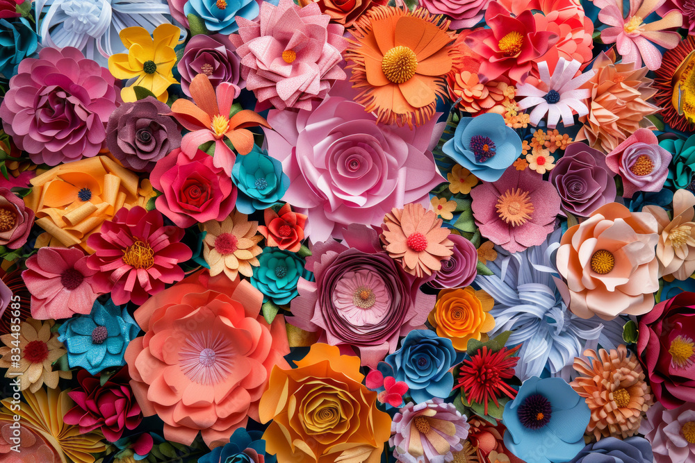 A dense arrangement of paper flowers in various colors and designs, filling the entire frame. The flowers display intricate details and vibrant hues, creating a beautiful and artistic background. A dense arrangement of paper flowers in various colors and designs, filling the entire frame. The flowers display intricate details and vibrant hues, creating a beautiful and artistic background.