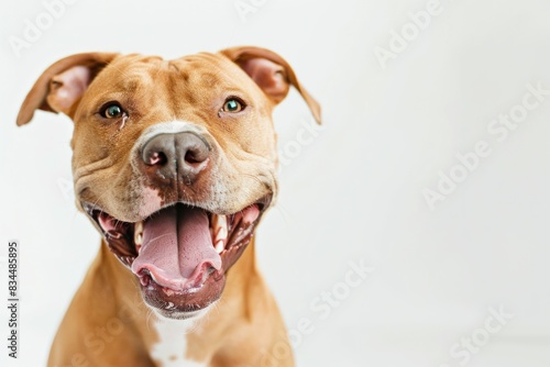 Close up of a happy brown dog with its mouth open and tongue hanging out in a playful manner