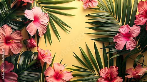 Tropical celebration background with palm leaves  exotic flowers  and a central banner space