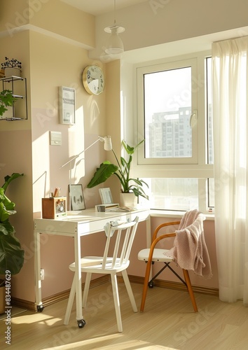 Bright sunlight, butter color, metal white tone desk and furniture, simple and soft feeling