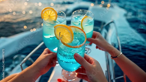 Happy friends having fun And clinking blue Lagoon cocktails close-up at summer party on yacht photo