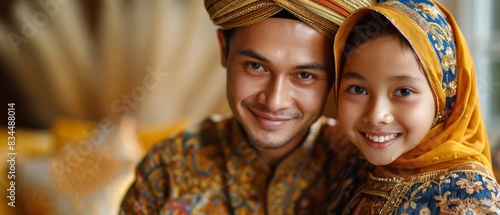 Family celebrates Eid Al-Adha in traditional attire with festive decorations, warm lighting, and beaming faces photo