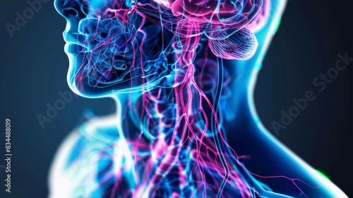 Visual representation of lymphatic vessels and nodes in the human body. Illustrates the network responsible for immune response and fluid balance, Created with Generative AI. photo