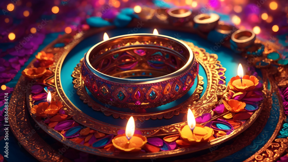 Diwali background design with diya lamp featuring a kaleidoscope of colors and patterns Diwali background design with diya lamp featuring a kaleidoscope of colors and patterns