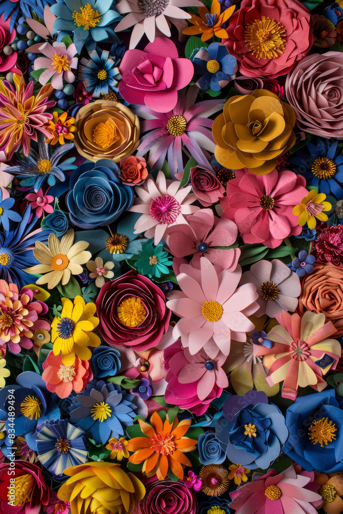 A dense arrangement of paper flowers in various colors and designs, filling the entire frame. The flowers display intricate details and vibrant hues, creating a beautiful and artistic background. A dense arrangement of paper flowers in various colors and designs, filling the entire frame. The flowers display intricate details and vibrant hues, creating a beautiful and artistic background.