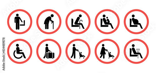 Symbol Priority, Metro and Subway Station Labels: Disabled, Elderly, Pregnant, Old, Child, Wheelchair, Crutches, Disabled Toilet, Luggage, Priority Seating. Vector.