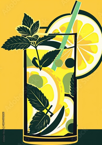 Homemade refreshing lemonade with lemon slice, mint leaves and ice cubes in a glass on a blue color background.